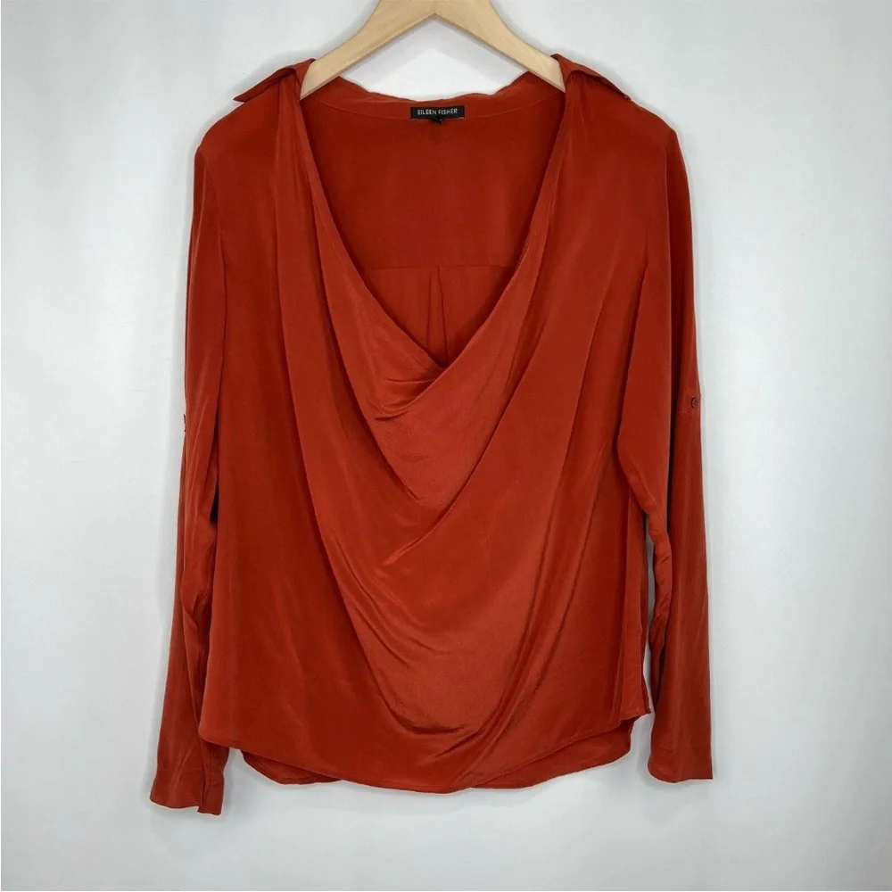 Eileen Fisher Top Women Sz PL Silk Crepe de Chine Drape Cowl Neck Roll Sleeves - Picture 1 of 10